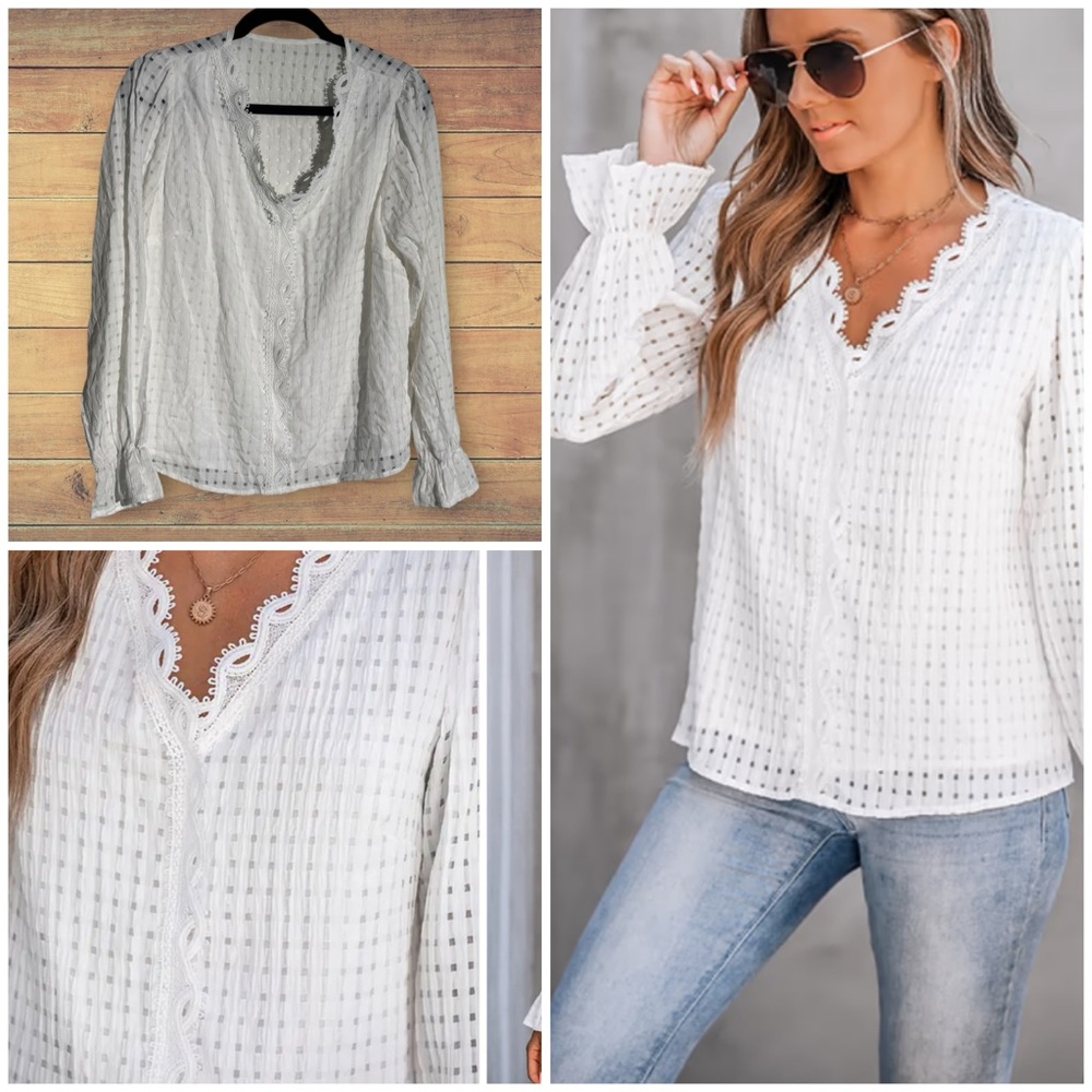 NEW Cupshe White Lace Poet Sleeve Blouse, Medium